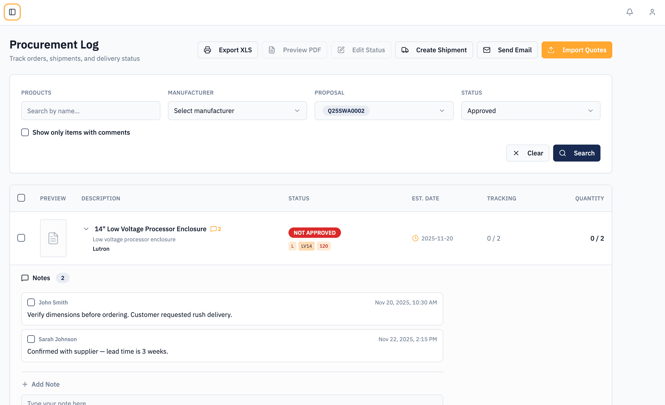 Procurement Log interface screenshot